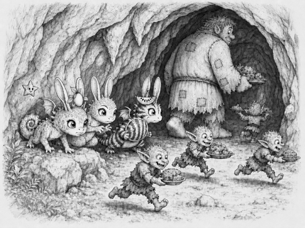 Banana Queen and her friends sneaking through a goblin cave